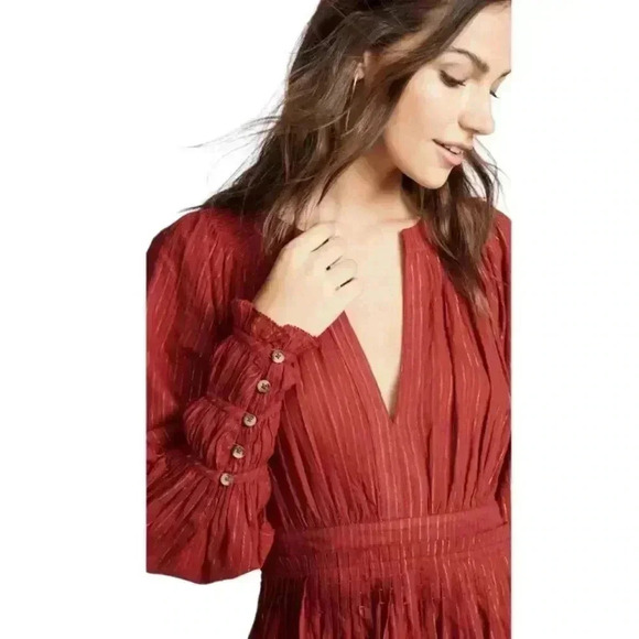 NWOT ULLA JOHNSON Metallic Cotton Long Sleeve Red Ruby Rory Dress Pockets Size 6 - Picture 5 of 14